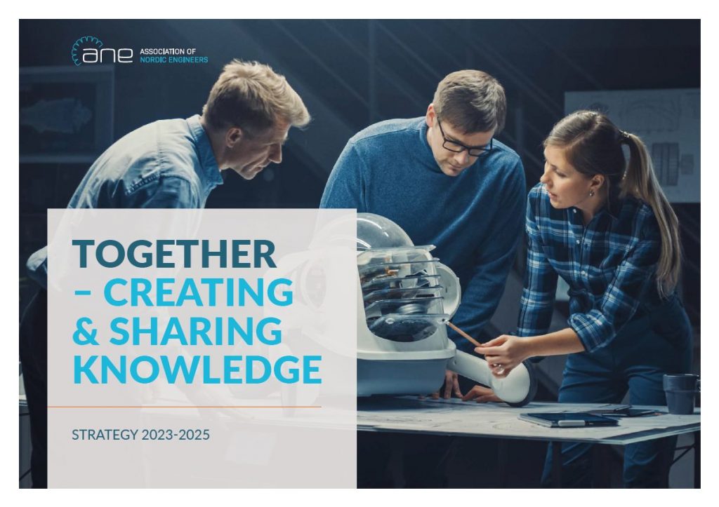 Front page of the ANE Strategy 2023-2025. An image with three people are standing around what looks like a robot. There is a headline saying: Together - creating & sharing knowledge.